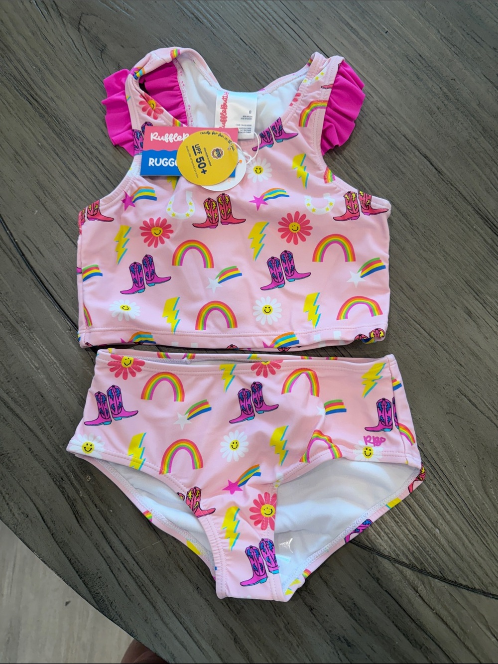 Ruffle Butts Pink Rainbow & Cowboy Boot Two-Piece Bikini